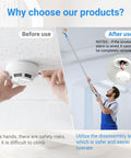Say No To Wobbly Ladders With This Smart Smoke Detector Removal Tool Featuring An Adjustable Reach Pole Stretching Up To 10 Feet For Easy Ceiling Disassembly And Hassle Free Maintenance, showcasing before and after smoke alarm removal actions.