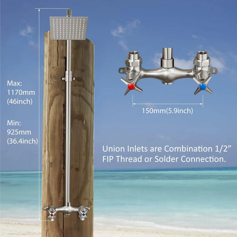 Outdoor Shower Kit with Brushed Nickel Finish All Metal Construction Built To Last 6 Inch Rain Shower Head with 360 Degree Rotation Adjustable Slide Bar Dual Handle Mix Valve Rust Resistant Stainless Steel and Brass for Outdoor Use