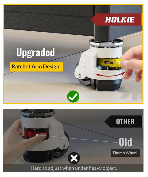Leveling Stem Casters Set Of 4 Heavy Duty Retractable Caster Wheels with adjustable ratchet handle for workbenches and machines.