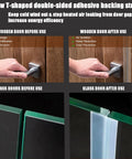 T-shaped door draft stopper with clear silicone seal; four-panel collage showing wooden and glass doors before/after.