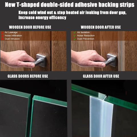 T-shaped door draft stopper with clear silicone seal; four-panel collage showing wooden and glass doors before/after.