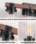 Industrial Rustic Farmhouse Vanity Light Fixtures Three Light Over Mirror With Pretty Glass Shades In Black Metal Wood Look