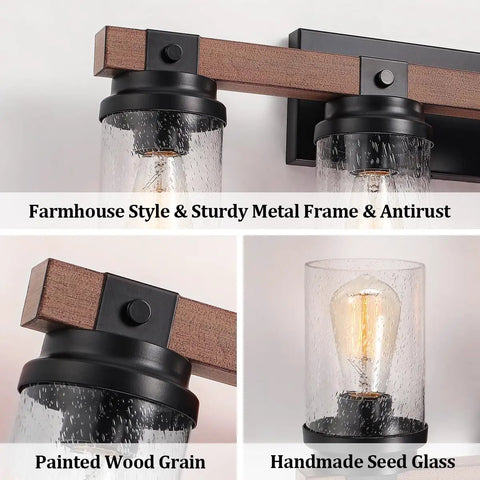 Industrial Rustic Farmhouse Vanity Light Fixtures Three Light Over Mirror With Pretty Glass Shades In Black Metal Wood Look