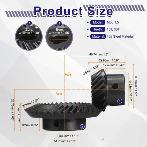 Pro Grade Heavy Duty 90 Degree Bevel Gear Set 1.5 Mod With 18T And 36T Gears, 10mm And 14mm Bores, dimensions illustration.