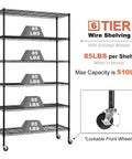 Heavy Duty 6 Tier Wire Shelving Rack On Wheels NSF Certified Steel Shelves With 2100Lbs Capacity Adjustable Height Beefy Construction Built To Last Ideal For Closet Pantry Basement 18x45x82 Inches Black, 6-tier black steel rack with lockable wheels