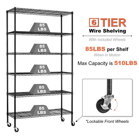 Heavy Duty 6 Tier Wire Shelving Rack On Wheels NSF Certified Steel Shelves With 2100Lbs Capacity Adjustable Height Beefy Construction Built To Last Ideal For Closet Pantry Basement 18x45x82 Inches Black, 6-tier black steel rack with lockable wheels