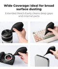 10 In 1 Camera Lens Cleaning Kit For DSLR And Digital Cameras shown using silicone air blower on lens, keyboard, sensor, and console.