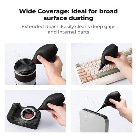 10 In 1 Camera Lens Cleaning Kit For DSLR And Digital Cameras shown using silicone air blower on lens, keyboard, sensor, and console.