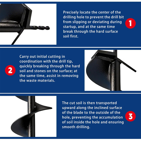 Close-up of heavy duty garden auger drill bit tips and blades with instructions, six by thirty one inch spiral, black coated steel.