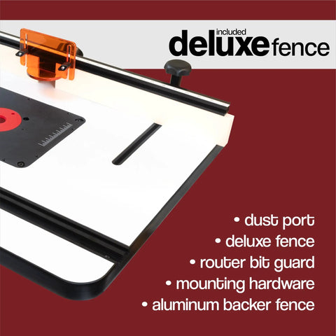 Deluxe fence kit on Heavy Duty Router Table builds killer stability with precision router plate and dust port.