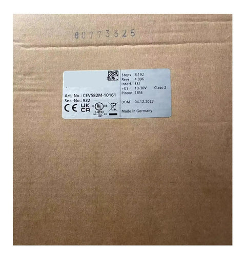 Label on packaging for Absolute Rotary Encoder CEV582M-10161 For Elevators And Industrial Gear, showing specifications and serial number.