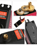 Close-up of Beefy Pair Of 25Kg Digital Servo Motors With Full Metal Gear Waterproof High Torque detailing gears and connector