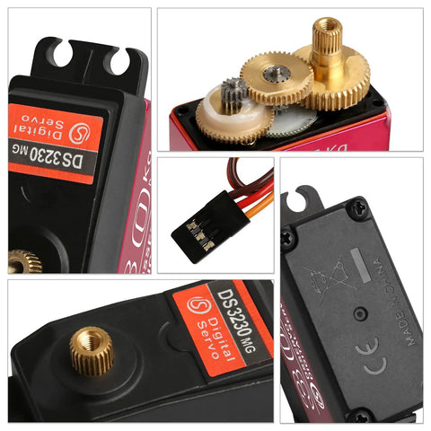 Close-up of Beefy Pair Of 25Kg Digital Servo Motors With Full Metal Gear Waterproof High Torque detailing gears and connector
