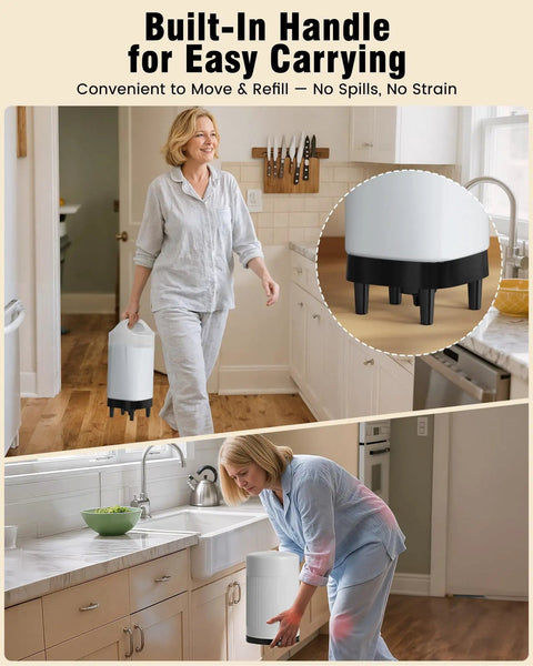 2.4 Gallon Stainless Steel Gravity Dog Water Dispenser With Ergonomic Handle Being Carried in Kitchen