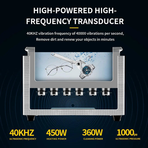 Ultrasonic Cleaning Machine 15L Digital Parts Cleaner With Timer 40kHz Pro Grade Stainless Steel 304 with eyeglasses and watch