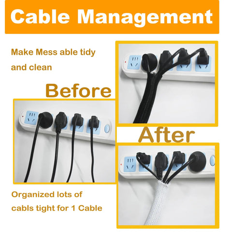 Before and after using 12ft Self Wrapping Cable Management Sleeve For Desk Wall And Floor Braided Mesh Split Loom Tubing Hider Pet Proof Wire Protector Kit White Tidy Messy Cables Ideal For Home Theater Gaming Setup And Office showing organized cables.
