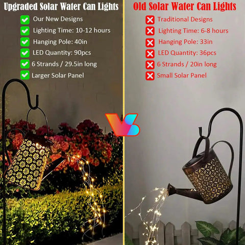 Comparison of solar garden lights, upgraded design on left with 90 LEDs and 40in height, old design on right with 36 LEDs and 33in height