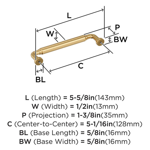 Diagram showing dimensions of Coble Transitional Champagne Bronze Cabinet Pull 5-5/8 Inch Overall Length With 5-1/16 Inch Center-To-Center Mounting For Cabinets Drawers And Furniture BP37663CZ