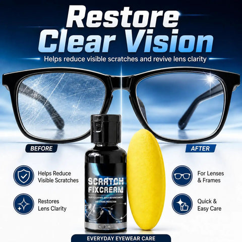 30ml Eyeglass Scratch Repair Kit With Sponge Polishing Compound Quick Fix For Glasses And Screens shown with glasses before and after use.