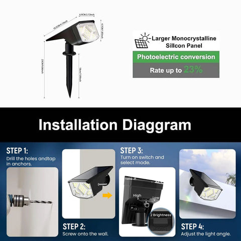 4 Pack Solar Spotlight Outdoor Lights Waterproof IP66 installation diagram with adjustable head and solar charging panel details.