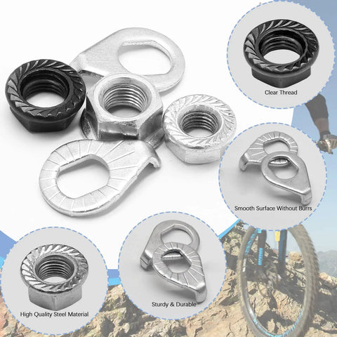 12 Piece Bike Wheel Axle Nuts and Safety Washers Kit for Front and Rear Wheels, M8 M9.5 M10 Sizes, hub nuts and washers detail