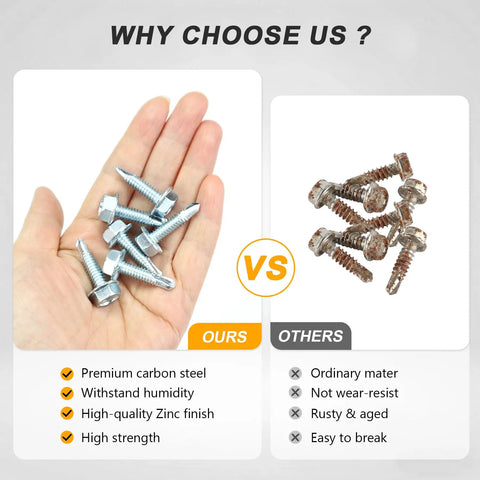 Heavy Duty Quarter Inch By One Inch Hex Washer Head Self Drilling Screws Twenty Five Piece Set in hand compared to rusty screws.
