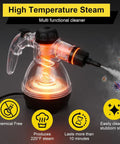 Heavy Duty Handheld Steam Cleaner For Home And Cars Pro Level Multi Surface Vapor Tool emitting high temperature steam.