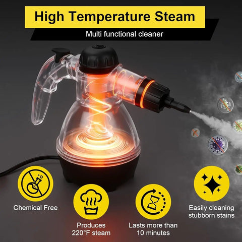 Heavy Duty Handheld Steam Cleaner For Home And Cars Pro Level Multi Surface Vapor Tool emitting high temperature steam.