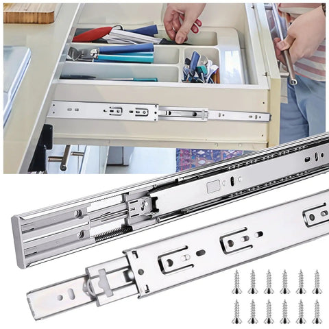 10 Inch Soft Close Drawer Slides 6 Pairs Full Extension Ball Bearing Cabinet Glides 100 Lb Side Mount Hardware for a drawer.