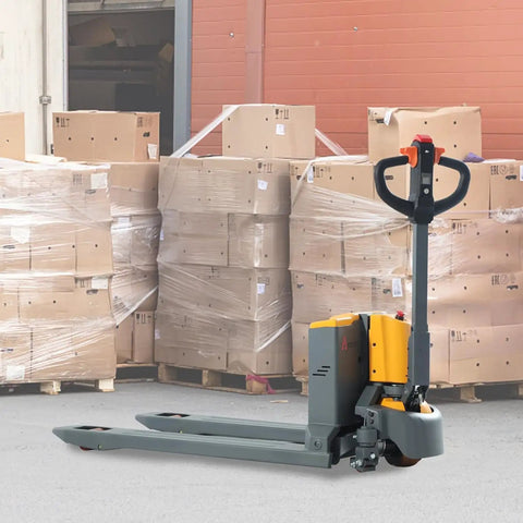 Compact Electric Pallet Jack Truck With Lithium Battery, 48 Inch Forks, 4400 Lb Capacity, in front of stacked boxes.