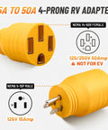 Straight Up Heavy Duty 50 To 110 Volt Rv Adapter Converts Nema 5-15P Household Outlet To 14-50R Camper Socket with 4-Prong design.