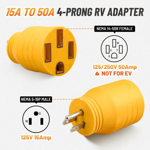 Straight Up Heavy Duty 50 To 110 Volt Rv Adapter Converts Nema 5-15P Household Outlet To 14-50R Camper Socket with 4-Prong design.