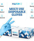 No Sweat Blue Nitrile Gloves Medium 100 Count Built Tough At Three Mil Thick displayed with a peace sign gesture.