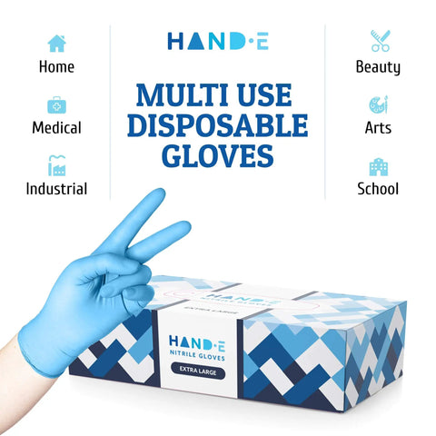 No Sweat Blue Nitrile Gloves Medium 100 Count Built Tough At Three Mil Thick displayed with a peace sign gesture.