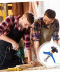 Two men using a drill on wood with a Beefy Heavy Duty Woodworking Clamp With Quick Action Hold Down For Carpentry Projects, T Slot Clamp For Diagonal Cuts And Notches visible in the inset.