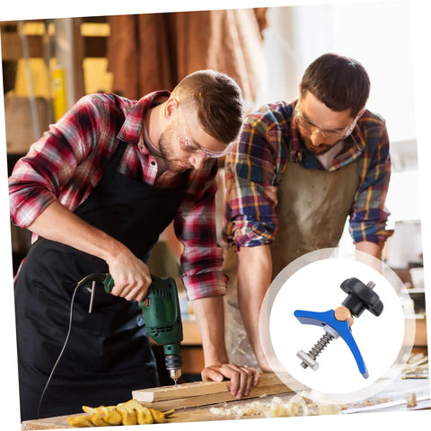 Two men using a drill on wood with a Beefy Heavy Duty Woodworking Clamp With Quick Action Hold Down For Carpentry Projects, T Slot Clamp For Diagonal Cuts And Notches visible in the inset.