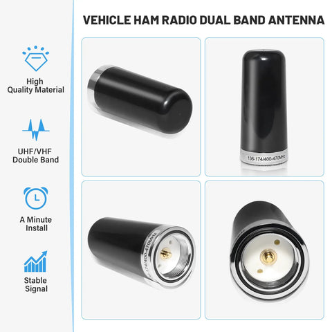 Close-up views of a 3.5 inch NMO dual-band VHF UHF antenna with durable black magnetic base for stable signal and quick installation.