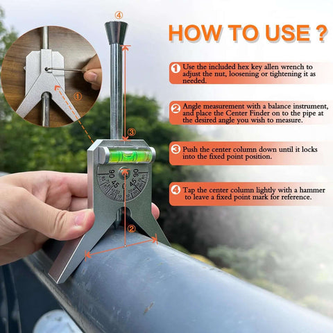 Installed Amazon pipe center finder on a pipe, with 4-inch Y-base and adjustable dial protractor; metal construction.