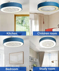 22 Inch Enclosed Low Profile Ceiling Fan With Light And Remote, Dimmable LED, Blue, installed in different rooms