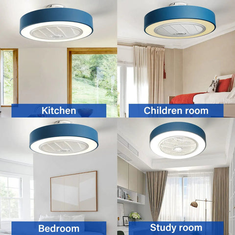 22 Inch Enclosed Low Profile Ceiling Fan With Light And Remote, Dimmable LED, Blue, installed in different rooms
