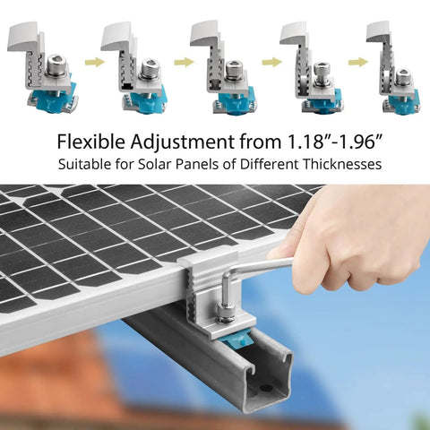 10 Pcs Adjustable Solar Panel End Clamp For Unistrut, 30-50mm Aluminum Mounting Brackets with wrench in use on metal rail