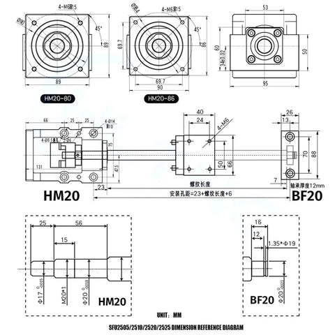 Massive 25mm C7 Ballscrew Kit SFU2510 With Nema32 Driver Mounts Single Nut Coupler And Housing For CNC Projects Custom Lengths Up To Two Meters dimension diagram with HM20 and BF20 mounts