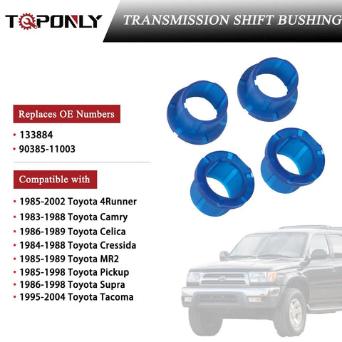 Beefed Up Transmission Shift Bushing Repair Kit Fits Toyota 4Runner Camry Celica Cressida MR2 Supra Tacoma Pickup Gear Shifter Bushing Replacement For Smooth Precise Shifts, showing four blue bushings and compatibility list.