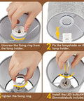 Tap To Dim 3 Way Bedside Table Lamp With Grey Fabric Shade assembly steps, showing hands assembling lamp with 4W dimmable bulb