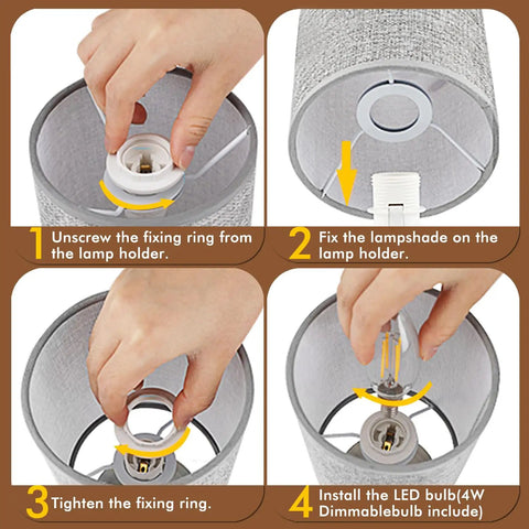 Tap To Dim 3 Way Bedside Table Lamp With Grey Fabric Shade assembly steps, showing hands assembling lamp with 4W dimmable bulb