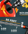 Self Feeding Drill Ready Drain Snake For Kitchen And Bath Clogs Five Zero Foot Heavy Duty Plumbing Auger With No Hand Cranking. Drill attachment and 50ft cable.