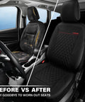 Before and after installing Premium Quilted Leather Front Seat Covers For Cars, Waterproof PU Vinyl, Black, on car seats.