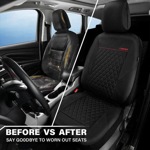 Before and after installing Premium Quilted Leather Front Seat Covers For Cars, Waterproof PU Vinyl, Black, on car seats.