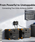 Two Rock Solid Portable Power Station E3800 LiFePO4 units connected for 8400W output in a workshop setting.