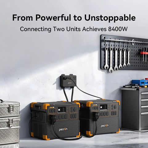 Two Rock Solid Portable Power Station E3800 LiFePO4 units connected for 8400W output in a workshop setting.